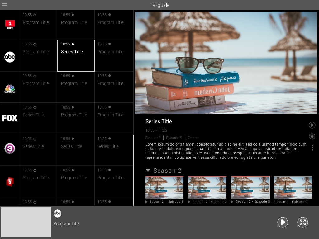 Tablet EPG: grid layout with program details panel